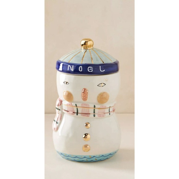 Anthropologie Bird Can Fox Joyuex Noel Snowman Cookie Jar Glaze Stoneware - Picture 1 of 12